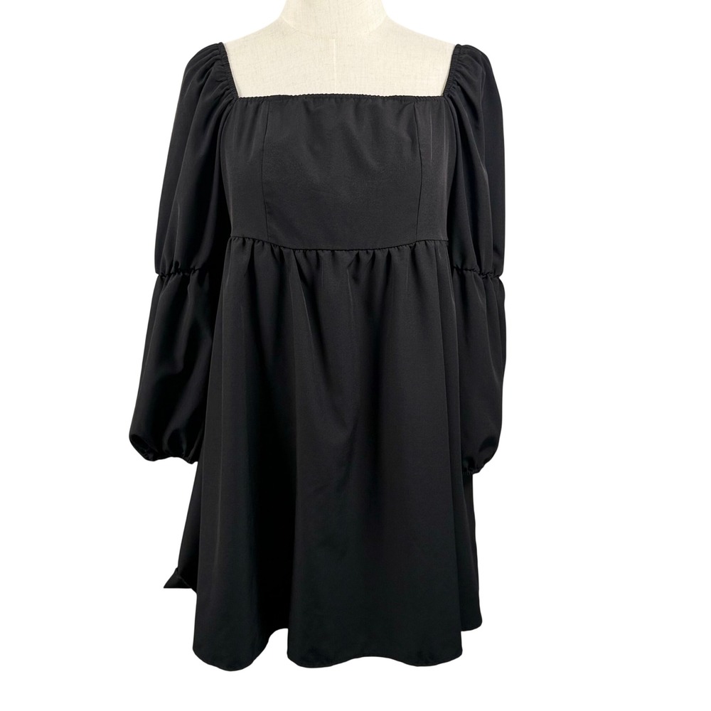 Exlura L Square Neck Long Puff Sleeve Mini‎ Babydoll Dress Smocked Whimsigoth